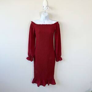 Baltic Born Women’s Esther Smocked Midi Off The Shoulder Dress Red Small NWT’s